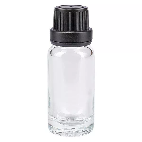 Apoteksflaska klar 10 ml skruvlock svart tätningsinsats manipulationsskyddad förslutning Apoteksflaska klar 10 ml skruvlock svart tätningsinsats manipulationsskyddad förslutning
