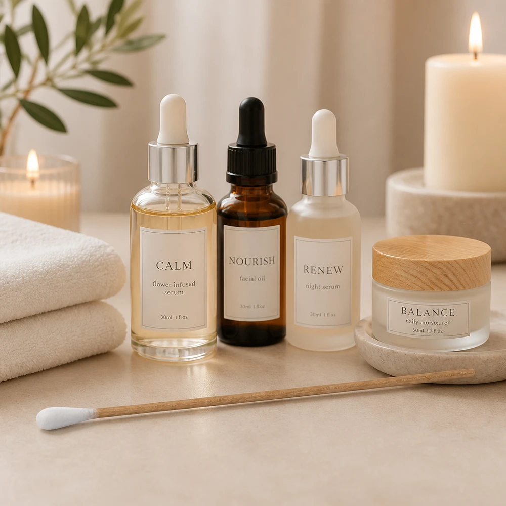Bomullspinnar UNSTERIL Osterila bomullspinnar med träspets bredvid hudvårdsprodukterna Calm Serum och Balance Moisturizer