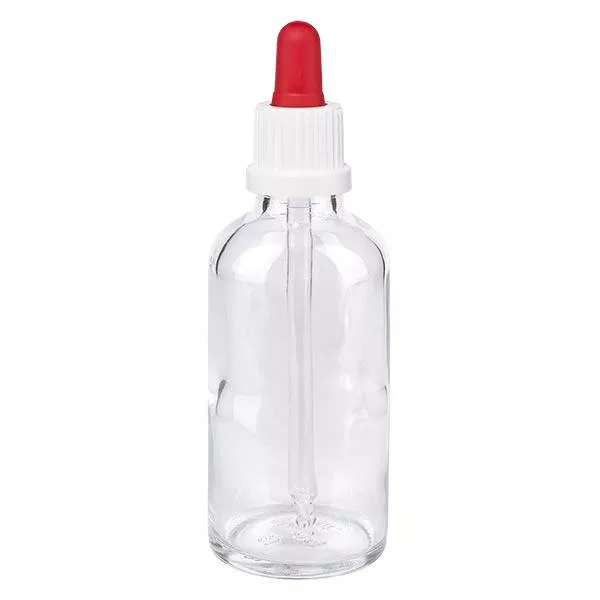 Apoteksflaska klar 50 ml pipett vit/röd med säkerhetsförslutning Apoteksflaska klar 50 ml pipett vit/röd med säkerhetsförslutning
