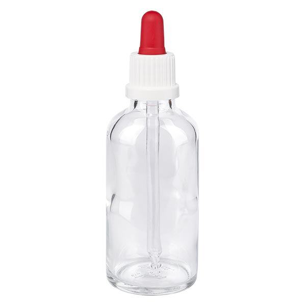 Apoteksflaska klar 50 ml pipett vit/röd med säkerhetsförslutning Apoteksflaska klar 50 ml pipett vit/röd med säkerhetsförslutning