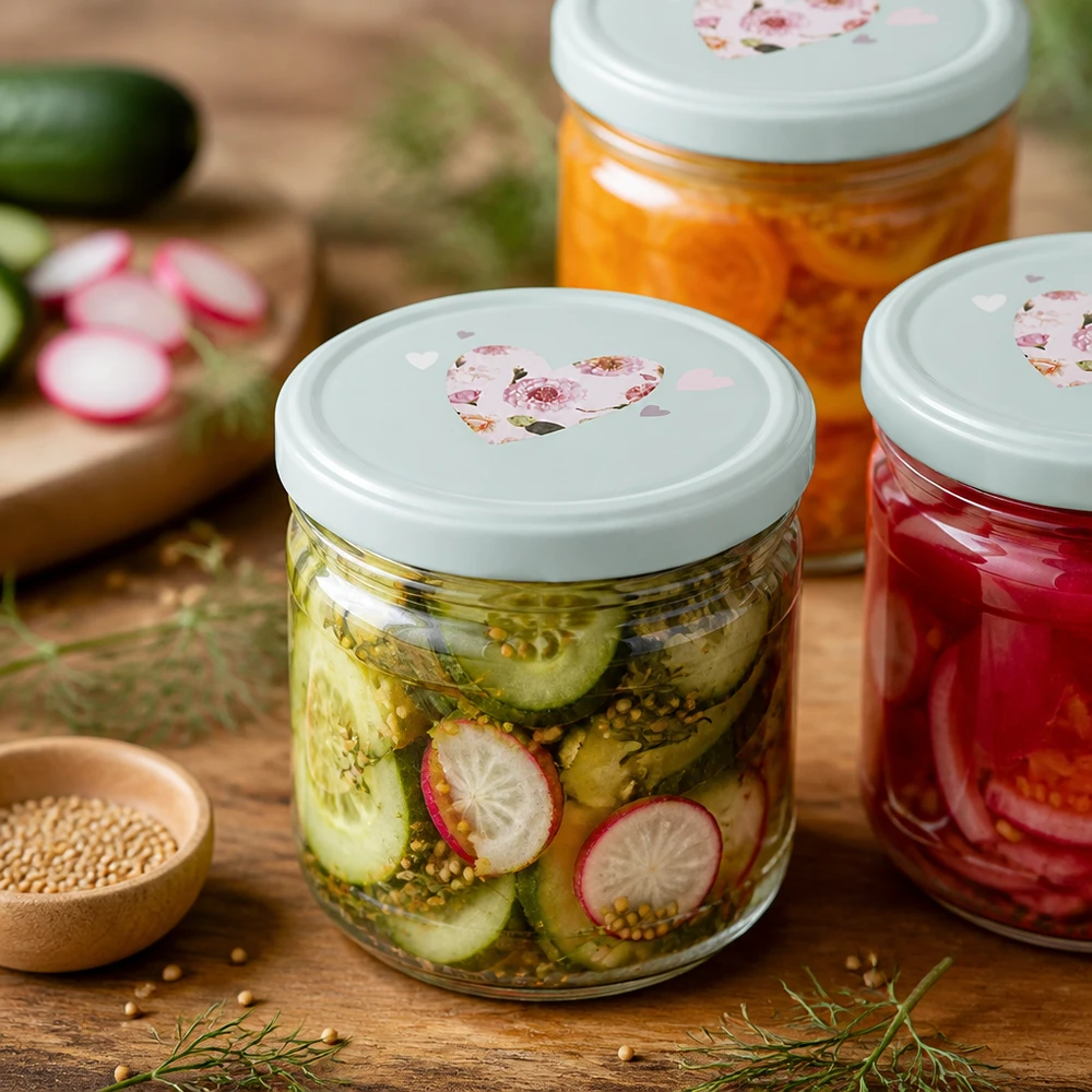 260 ml-glas fyllda med inlagda grönsaker, BasicSeal-lock med hjärtmotiv, inlagda gurkor och rädisor