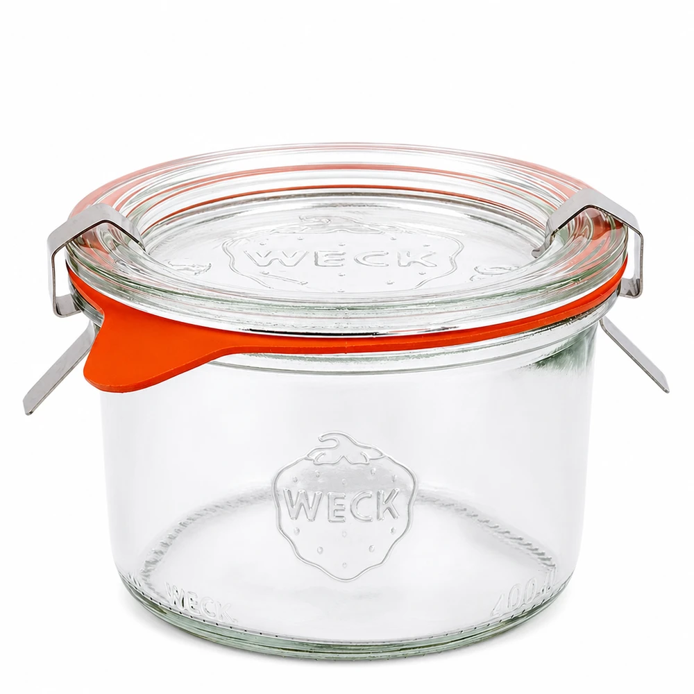 200ml Krossade glasögon komplett WECK RR80 WECK murarburk 200ml RR80 med glaslock och orange gummiring Konserveringsburk komplett