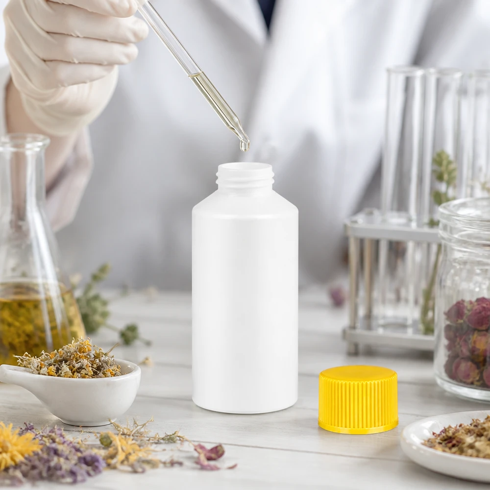 Apoteksflaska, 50 ml, HDPE, vit med gult skruvlock, bredvid torkade medicinalväxter i laboratoriet