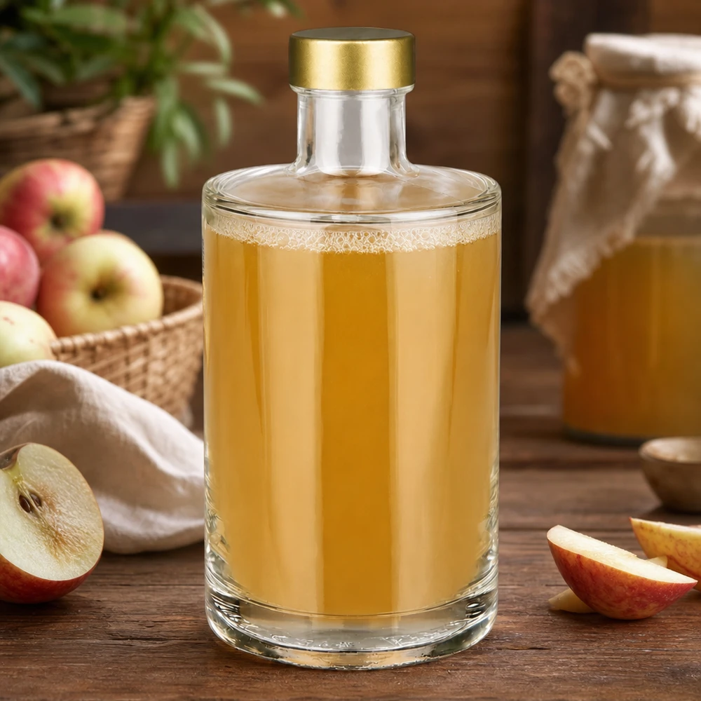 375 ml glasflaska Sam + skruvkork guld UNiTWIST® 375ml Glasflasche Sam mit Apfelsaft befüllt goldener Schraubverschluss UNiTWIST frische Äpfel Obstverarbeitung