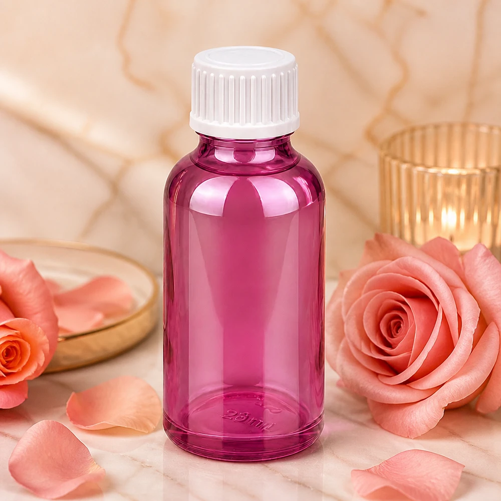 30 ml droppflaska av högkvalitativ plast i lila transparent med vitt lock