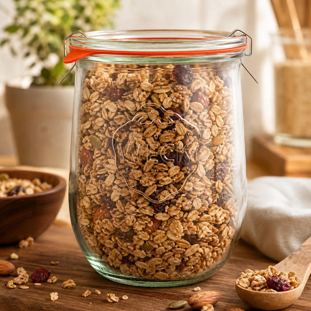 1062ml tulpanburk komplett WECK RR100 WECK 1062ml tulpanburk RR100 fylld med müsli och nötter som förvaringsburk i köket med svängbart lock