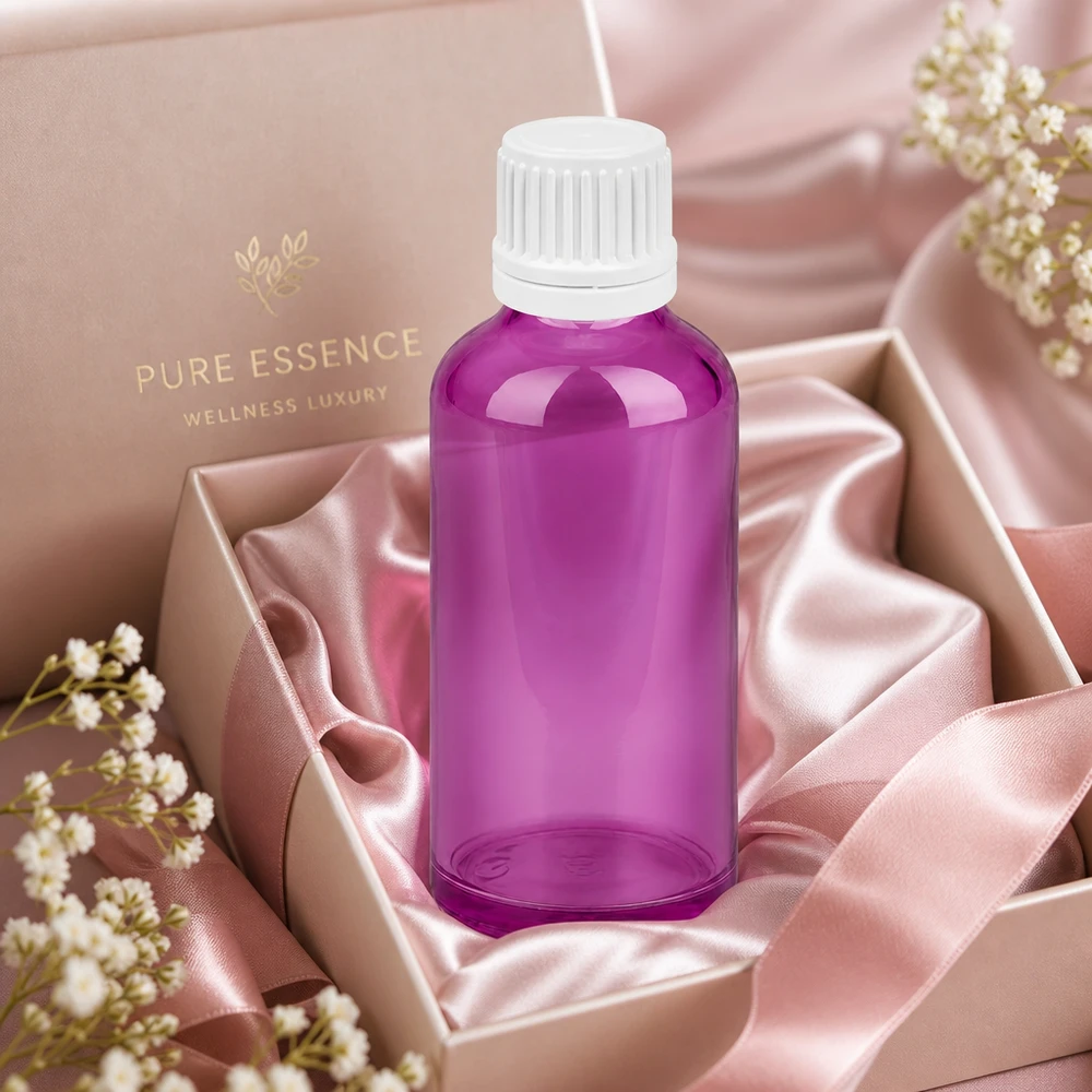 Elegant 50 ml flaska i violett design med vitt lock för högkvalitativa essenser