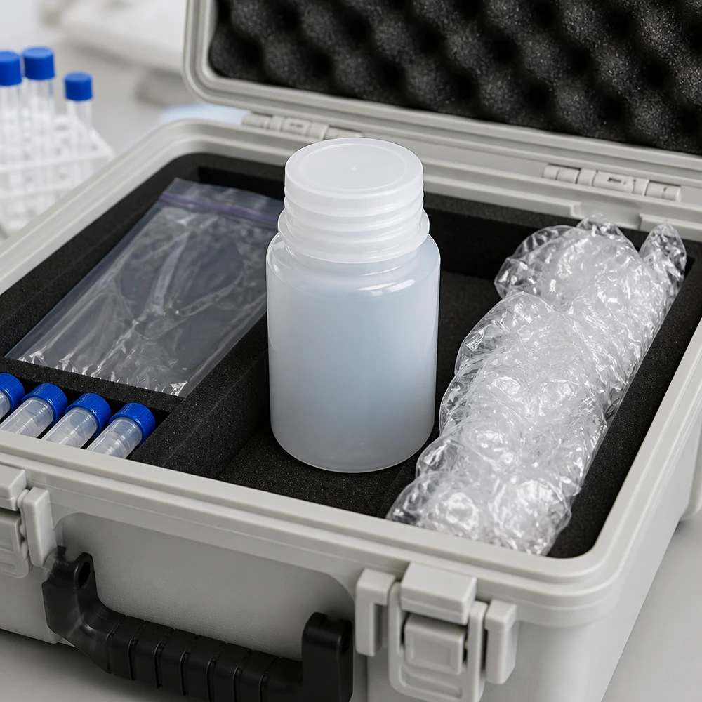 50 ml flaska med vid hals av HDPE-plast utan lock i transportväska med kylelement