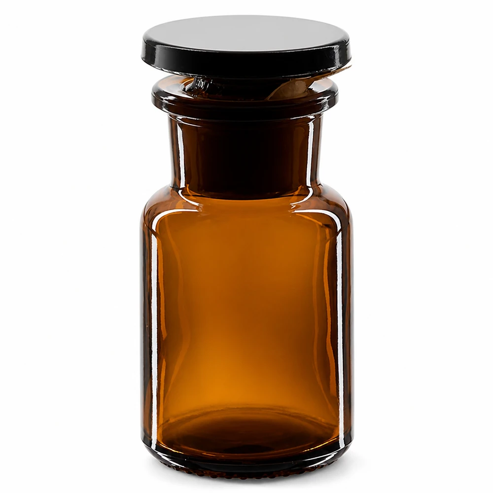 Brun rundskuldrad flaska, 50 ml, med glaspropp och vid hals, för laboratorier och apotek
