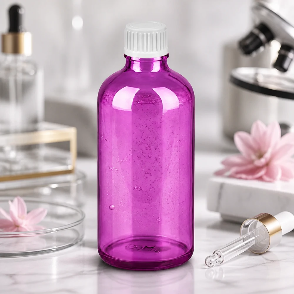 Violett glasflaska 100 ml med exakt droppfunktion för kosmetika och laboratorieapplikationer
