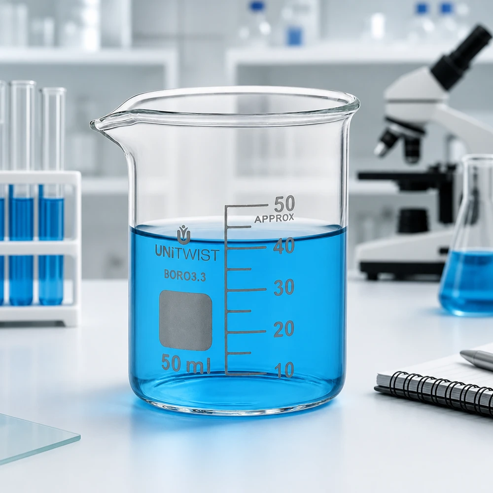 Bägare 50ml borosilikat, lågformad UNiTWIST Laboratorieglas 50 ml, UNiTWIST, låg form, med blå vätska upp till 40 ml