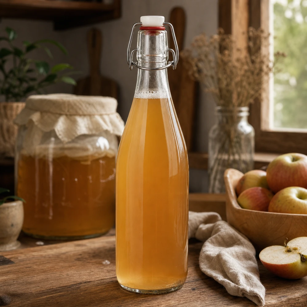 500ml glasflaska + svängbar topp PVC UNiTWIST 500 ml glasflaska med svängbar topp fylld med äppeljuice rustik kök fruktdryck hemlagad naturlig