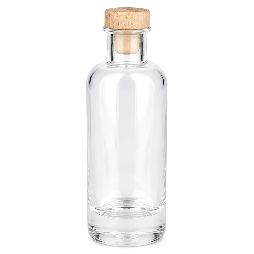 200 ml glasflaska Ella med kork med trähandtag UNiTWIST® 200 ml glasflaska Ella med träkork transparent tom Produktfoto mot vit bakgrund