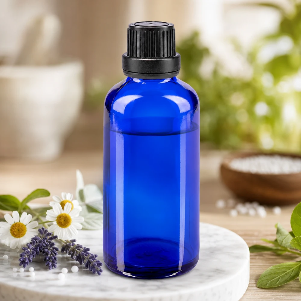Apoteksflaska blå 50ml skruvkork svart manipulationsskyddad förslutning En koboltblå glasflaska på 50 ml med svart skruvlock, omgiven av lavendel och kamomillblommor