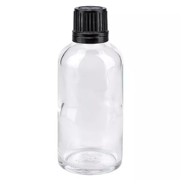 Apoteksflaska klar 50ml skruvkork svart hällring manipulationsskyddad förslutning Apoteksflaska klar 50ml skruvkork svart hällring manipulationsskyddad förslutning