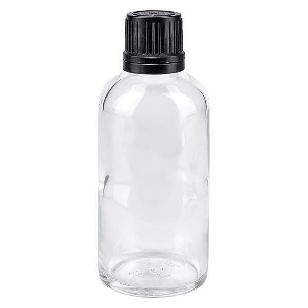 Apoteksflaska klar 50ml skruvkork svart hällring manipulationsskyddad förslutning Apoteksflaska klar 50ml skruvkork svart hällring manipulationsskyddad förslutning