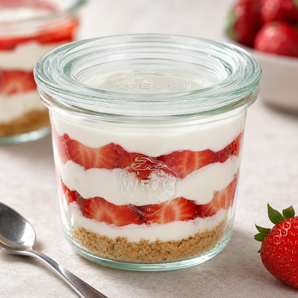 WECK tumlare 80ml RR60 fylld med jordgubbsgrädde dessert visar mångsidig användning som dessertburk och portionsburk