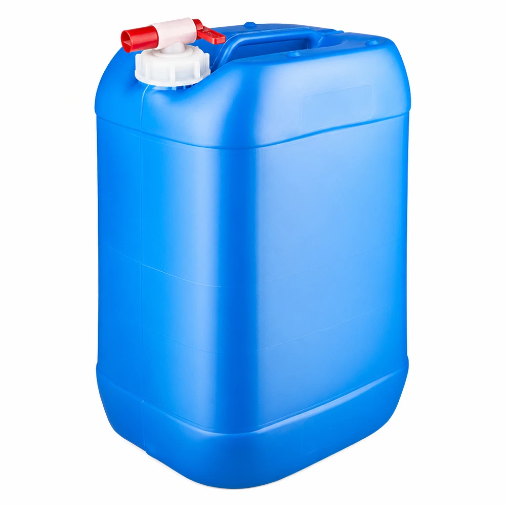 Dunk 25 liter blå med avtappningskran Blå plastdunk på 25 liter med röd utloppskran och vitt skruvlock