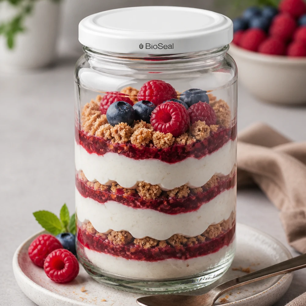 UNiTWIST Runda305 med BioSeal-lock som dessertglas - lagrad dessert med bär och yoghurt serveras med stil