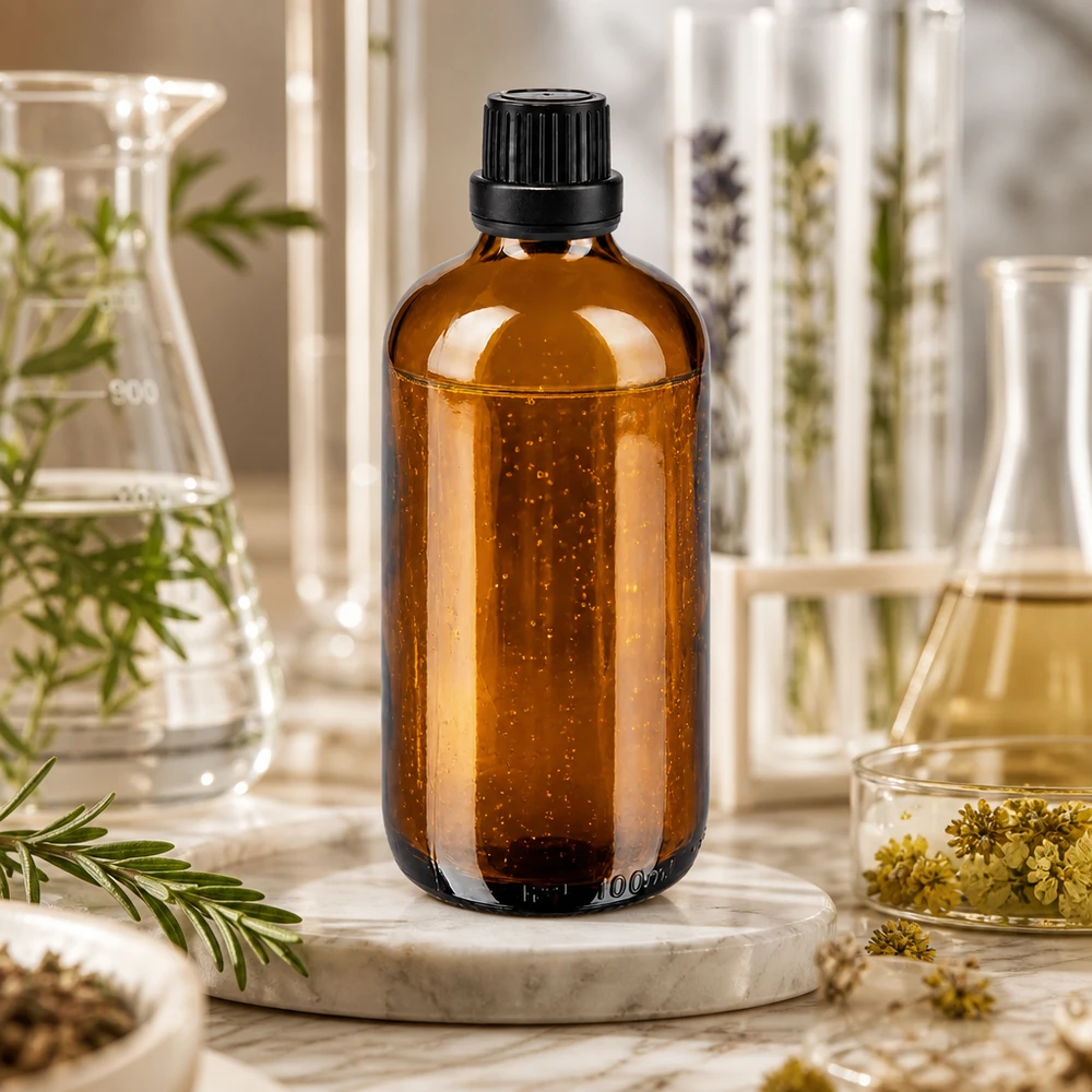 Apoteksflaska brun 100ml skruvkork svart säkerhetsförslutning Brun apotekarflaska i glas, 100 ml, med svart skruvlock, omgiven av medicinalväxter och laboratorieutrustning