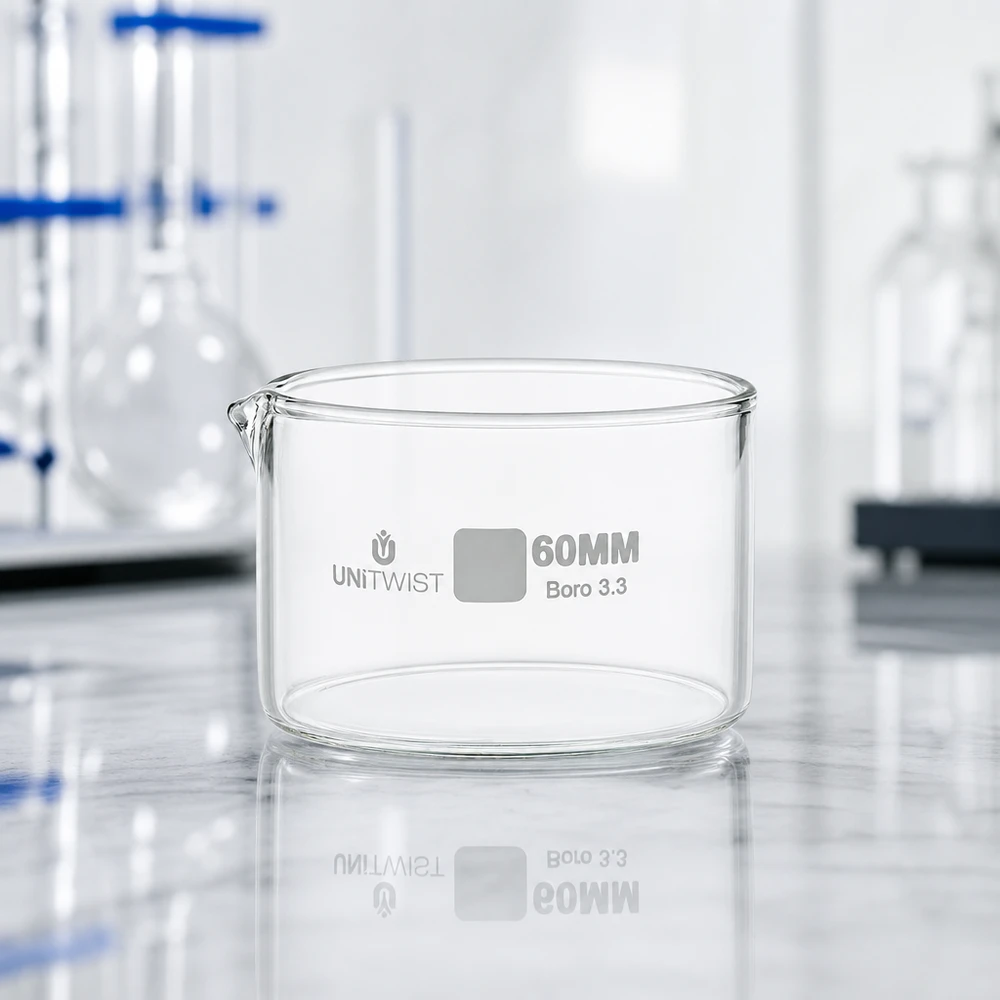 Kristalliseringsskål ø60mm borosilikatglas UNiTWIST Tom kristallisationsskål 60 mm UNiTWIST Boro 3.3 framför en laboratoriebakgrund med en Erlenmeyerkolv