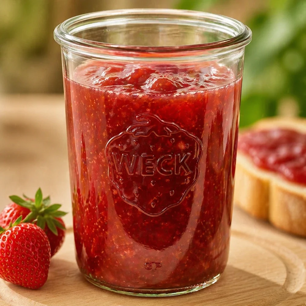 850ml Krossade glasögon WECK RR100 850ml WECK Sturzglas RR100 mit Erdbeermarmelade gefüllt auf Holzbrett neben frischen Erdbeeren und Brot