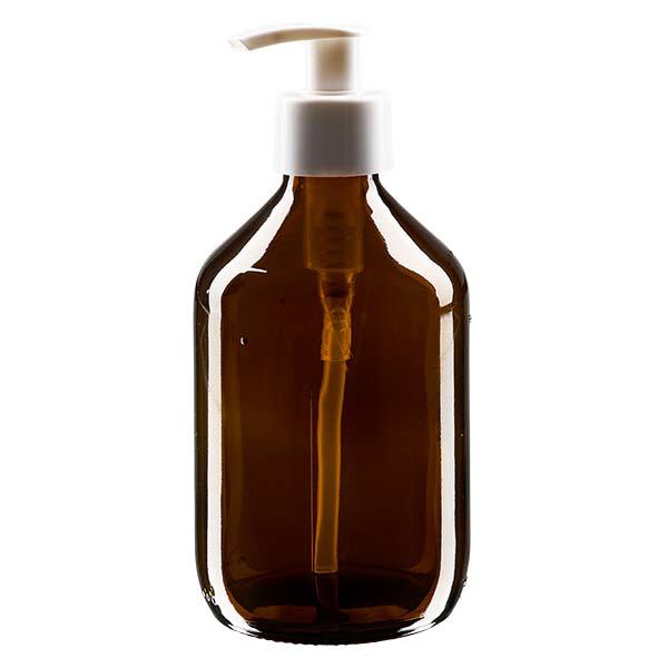 300 ml medicinflaska brun, med vit ApoGlas-dispenseringspump 300 ml medicinflaska brun, med vit ApoGlas-dispenseringspump