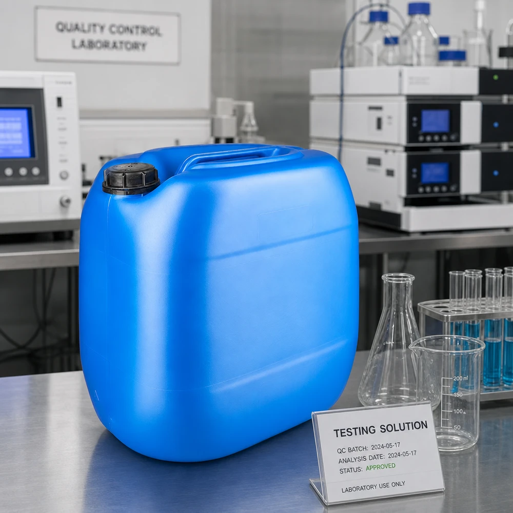 Dunk 30 liter blå med skruvkork, manipuleringssäker förslutning Blå 30-litersdunk med OV-skruvlock i kvalitetskontrollaboratoriet bredvid en Erlenmeyerkolv