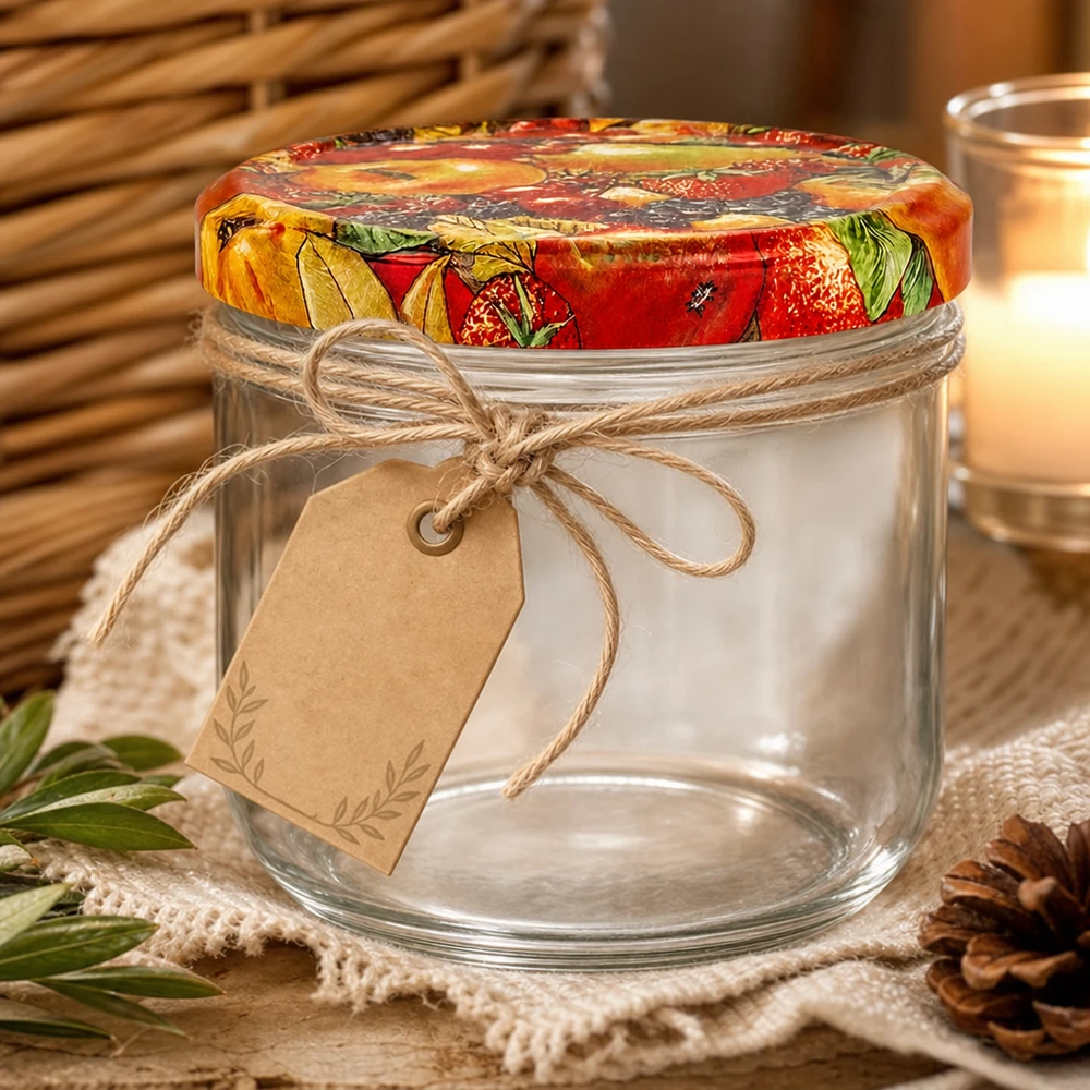 260ml Krossade glasögon + BasicSeal lock fruktdekor UNiTWIST 260ml Sturzglas mit Obst-Dekor Deckel und rustikaler Geschenkverpackung mit Juteschnur und Anhänger