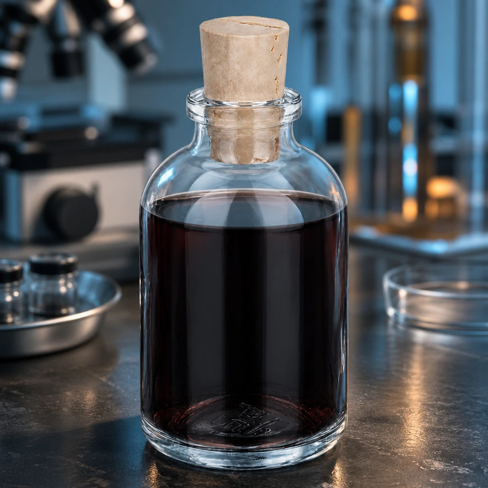 Klarglasflaska 50ml med kork 11/14mm Borosilikatglasflasche 50ml mit Korkstopfen im professionellen Laborumfeld mit Mikroskop