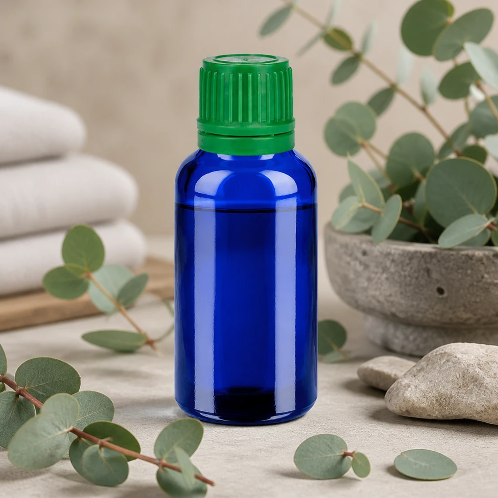 30 ml glasflaska i ljusblå färg med grönt skruvlock för naturkosmetika