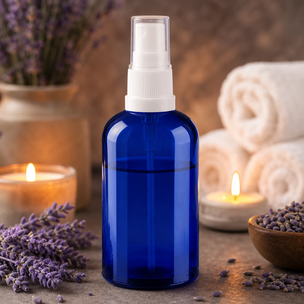 Blå 100 ml sprayflaska i glas med vit pumpspruta för aromaterapi och wellness