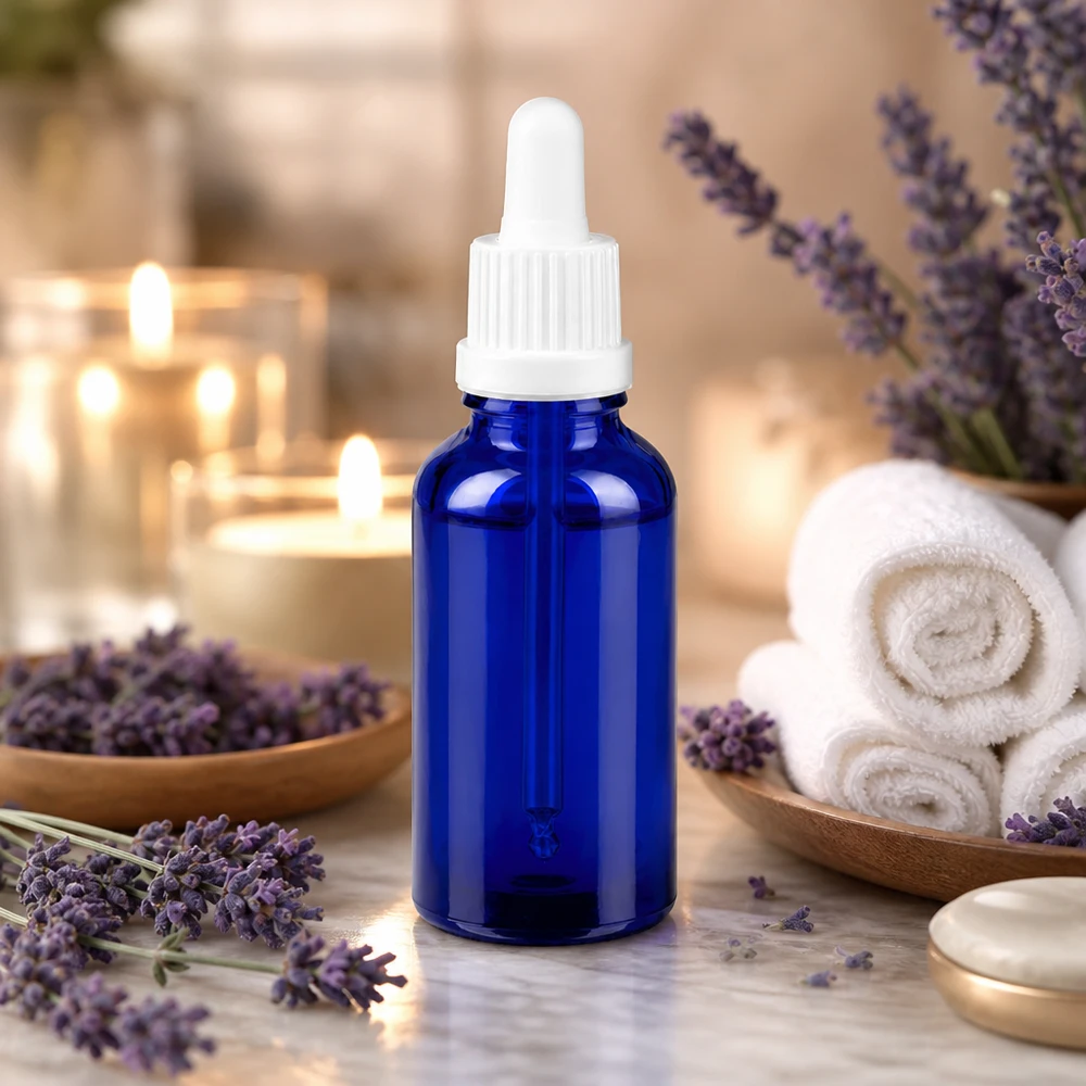30 ml pipettflaska vit med säkerhetsförslutning BlueLine UT18/30 30 ml pipettflaska koboltblå med droppare för aromaterapi och eteriska oljor BlueLine UT18