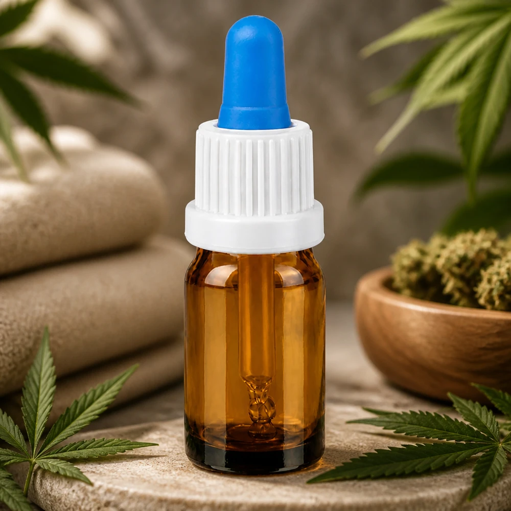 5ml pipettflaska vit/blå med säkerhetsförslutning BrownLine UT18/5 Liten 5 ml pipettflaska i bärnstensfärg med vitt lock och blå droppare för eteriska oljor