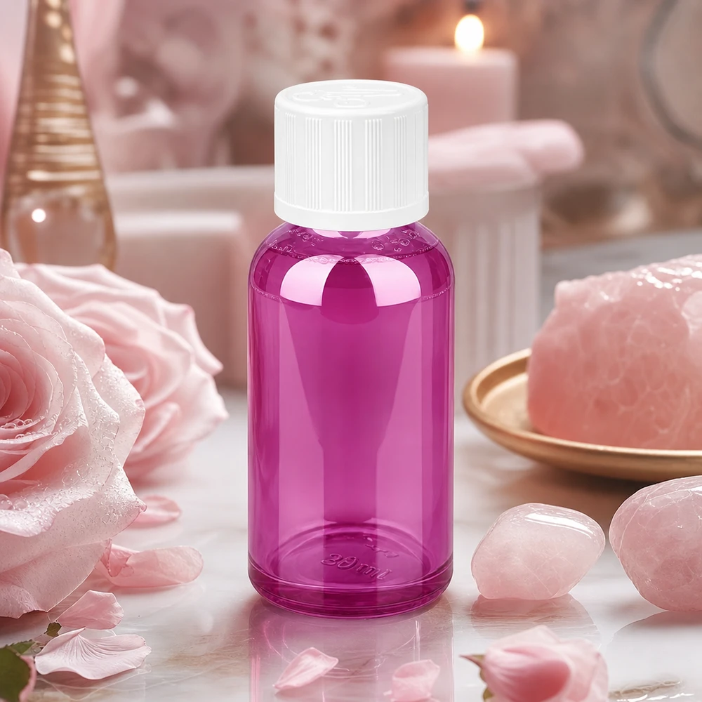 Kompakt 30 ml glasflaska i delikat violett färg - perfekt för resor och när du är på språng