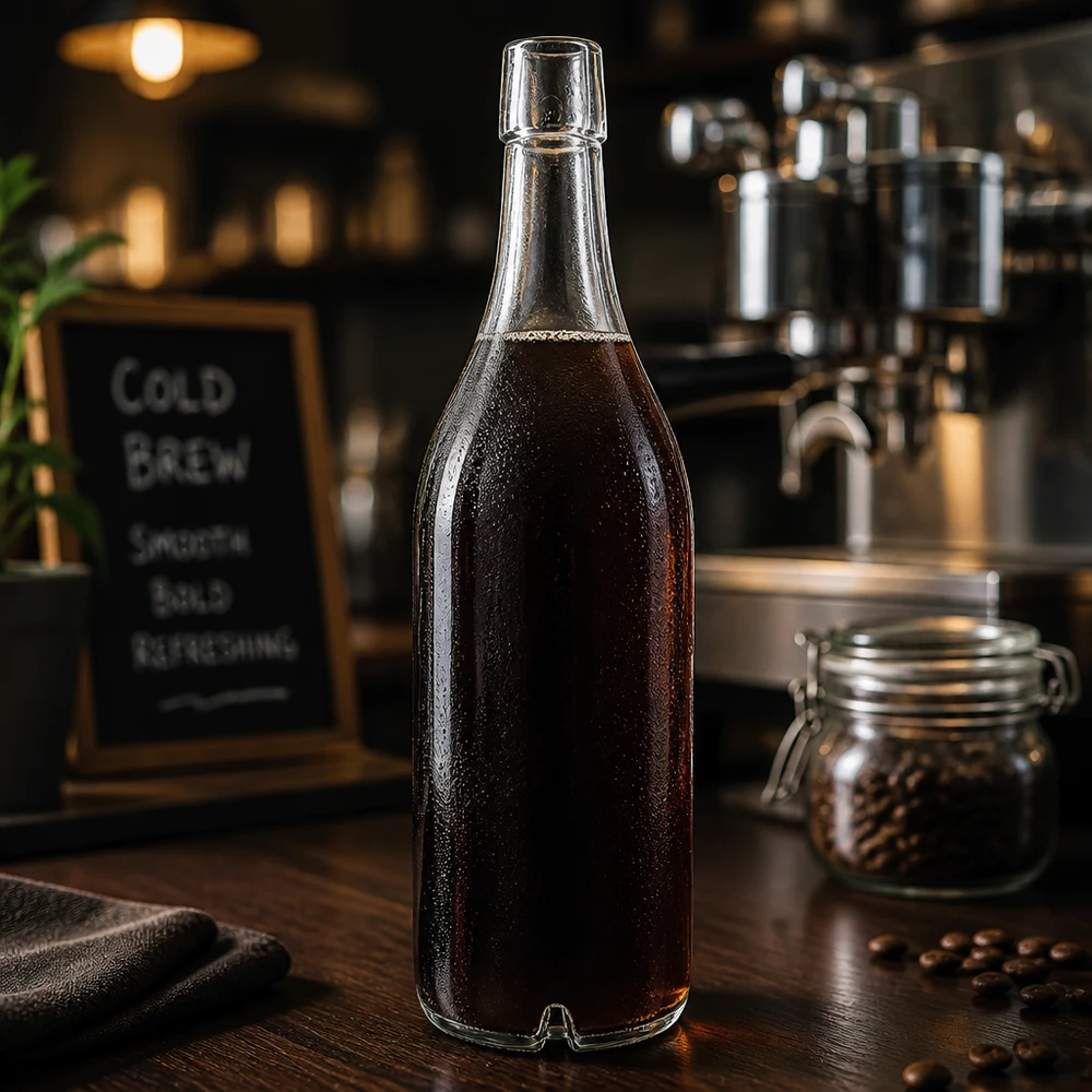 1000ml glasflaska utan svängbar topp UNiTWIST 1000ml glasflaska UNiTWIST fylld med Cold Brew Coffee kaffebönor kaffe atmosfär skruvlock mörk