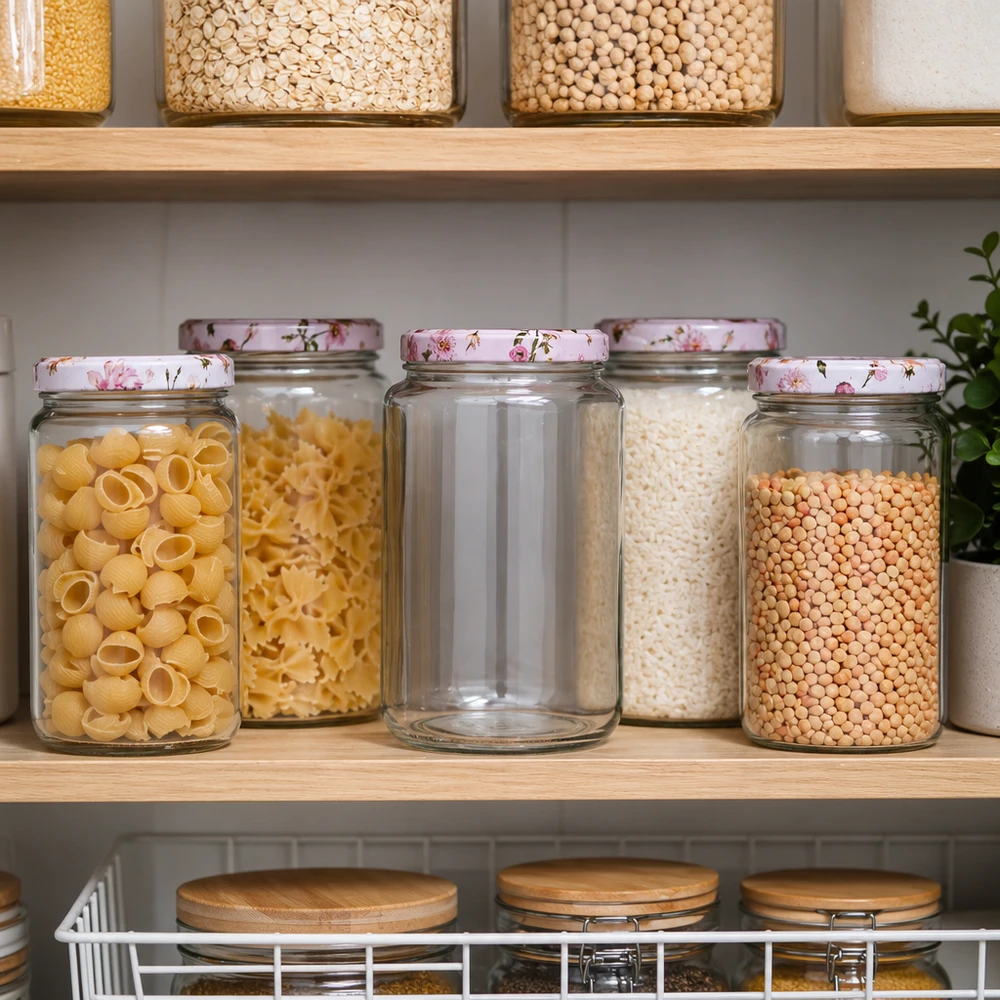795 ml rund burk + BasicSeal-lock blomma rosa UNiTWIST 795ml rund burk BasicSeal lock rosa blommor i organiserat skafferi med pasta ris linser förvaring kök