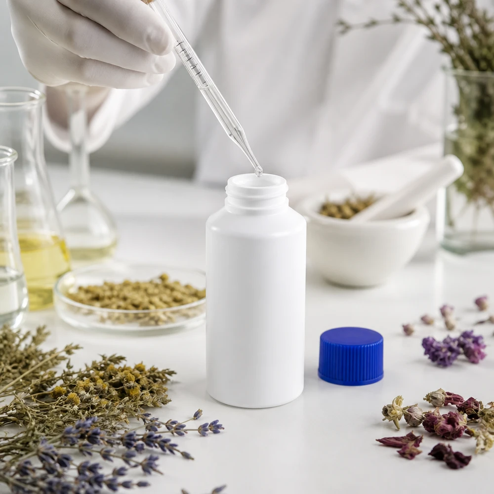 En dropppipett fyller en vit 50 ml apoteksflaska av HDPE, omgiven av torkade medicinalväxter