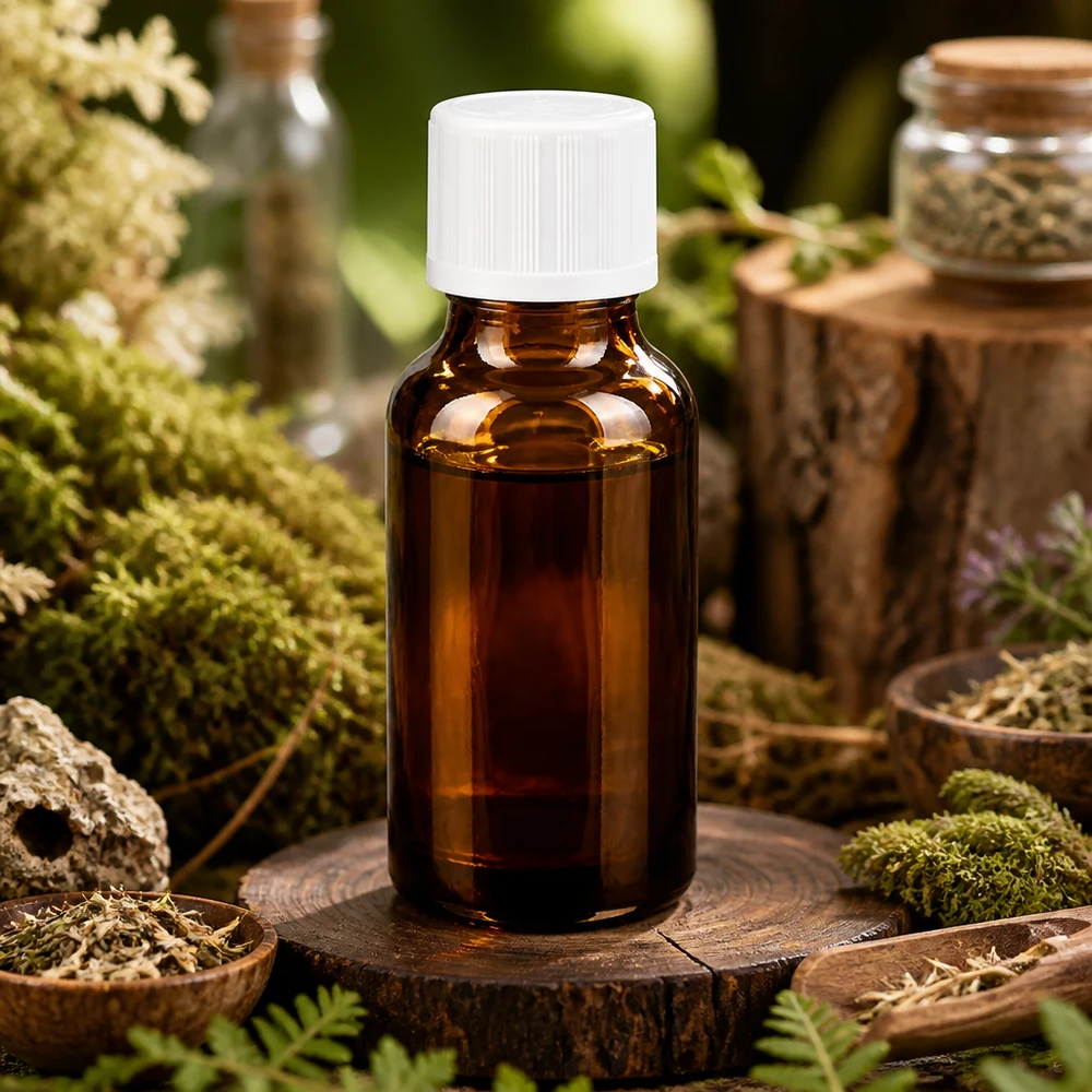 Apoteksflaska brun 20ml dropplock vit barnsäker standard En liten 20 ml-flaska av brunt glas med vitt skruvlock på en trädskiva bland mossa och örter