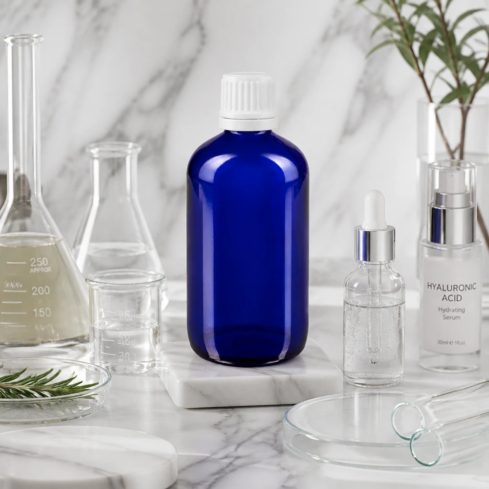 Blå glasflaska på 100 ml med OV-lock bredvid hyaluronsyraserum och laboratorieutrustning på marmor