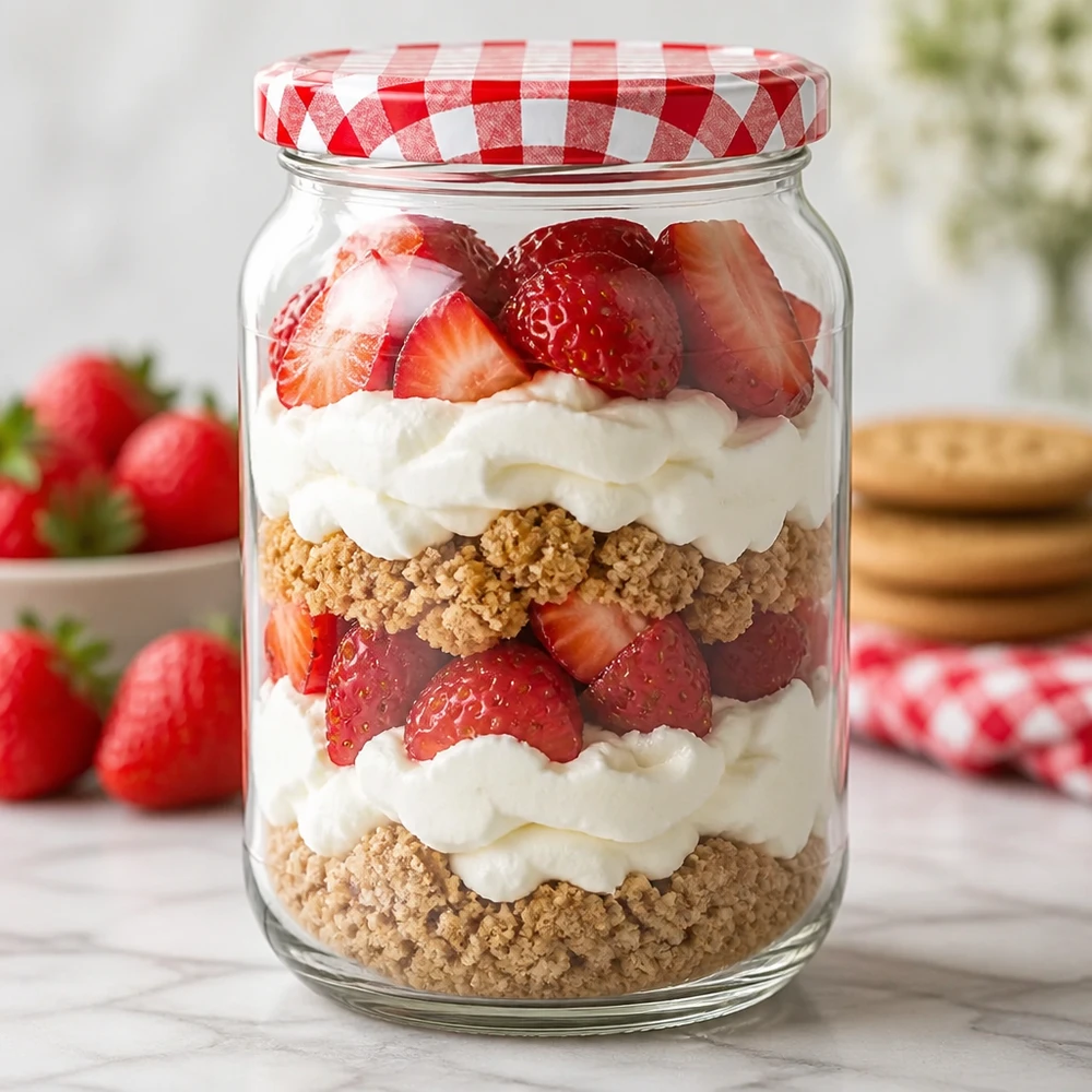 1062ml rund burk + BasicSeal-lock röd/vit UNiTWIST 1062ml runt glas BasicSeal lock dessert skiktad dessert jordgubbar grädde kexbotten trifle dessertglas
