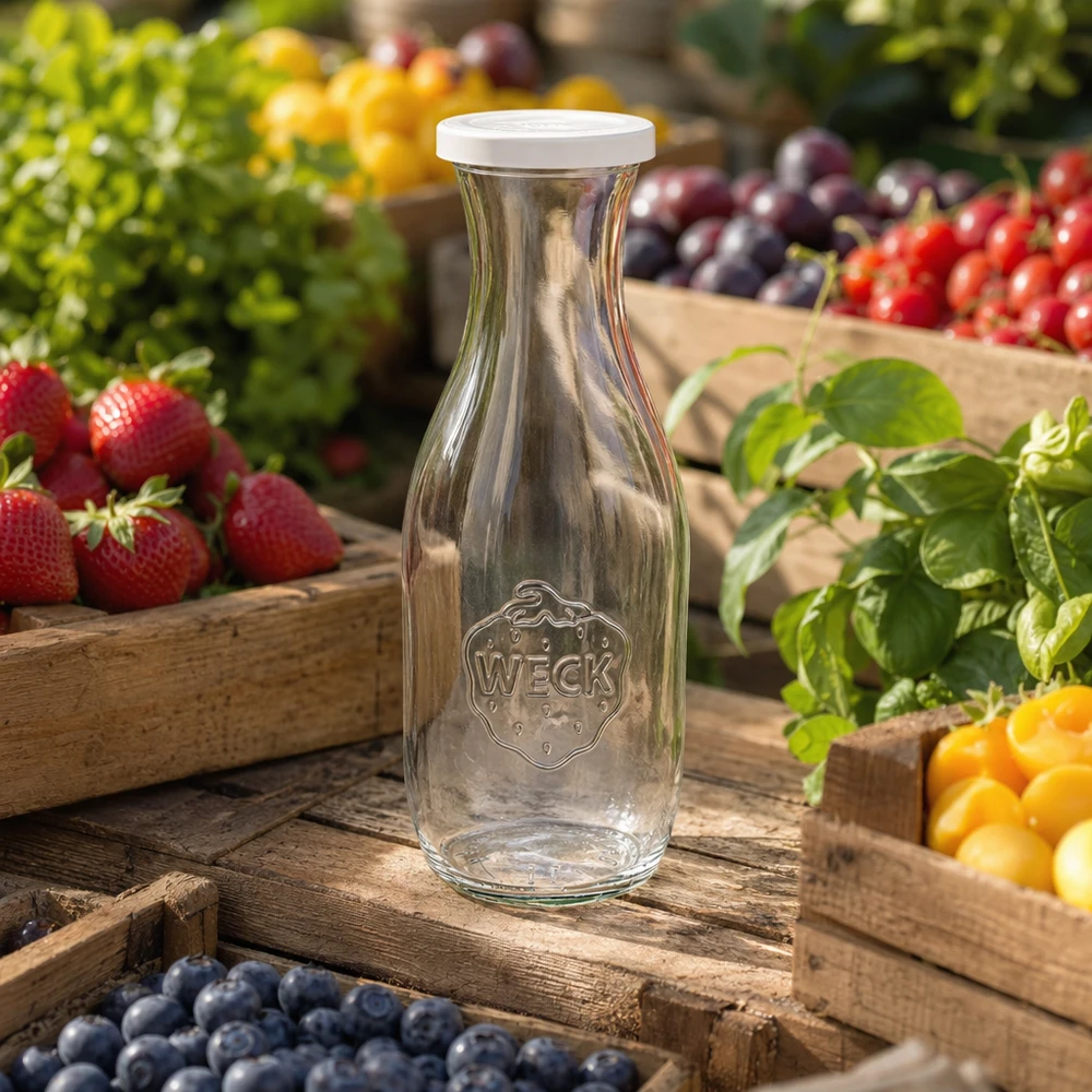 1062 ml juiceflaska med friskhetslock WECK RR60 WECK juiceflaska 1062ml tom med logotyp mellan färgglada frukter på trälådor i en naturlig trädgårdsmiljö
