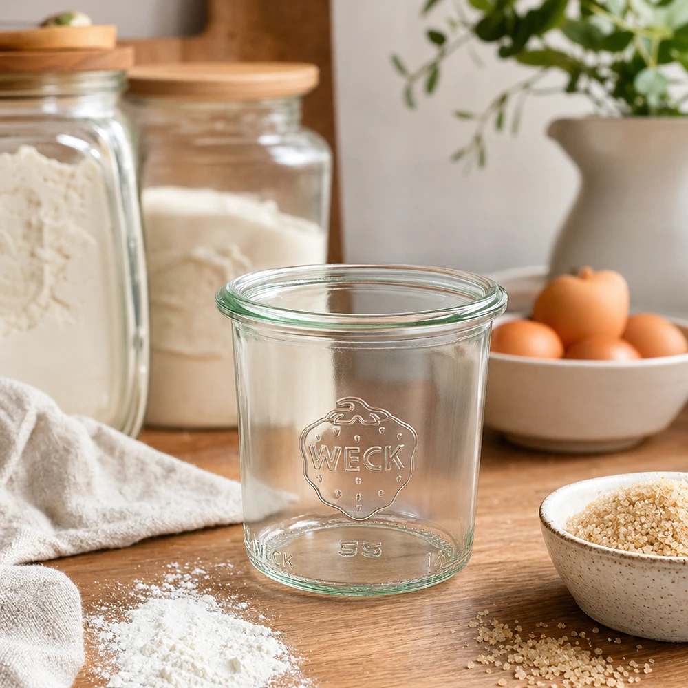 140 ml Krossade glasögon WECK RR60 140 ml WECK RR60 murarburk med logotyp på träbord i modernt kök med förvaringsburkar och ingredienser
