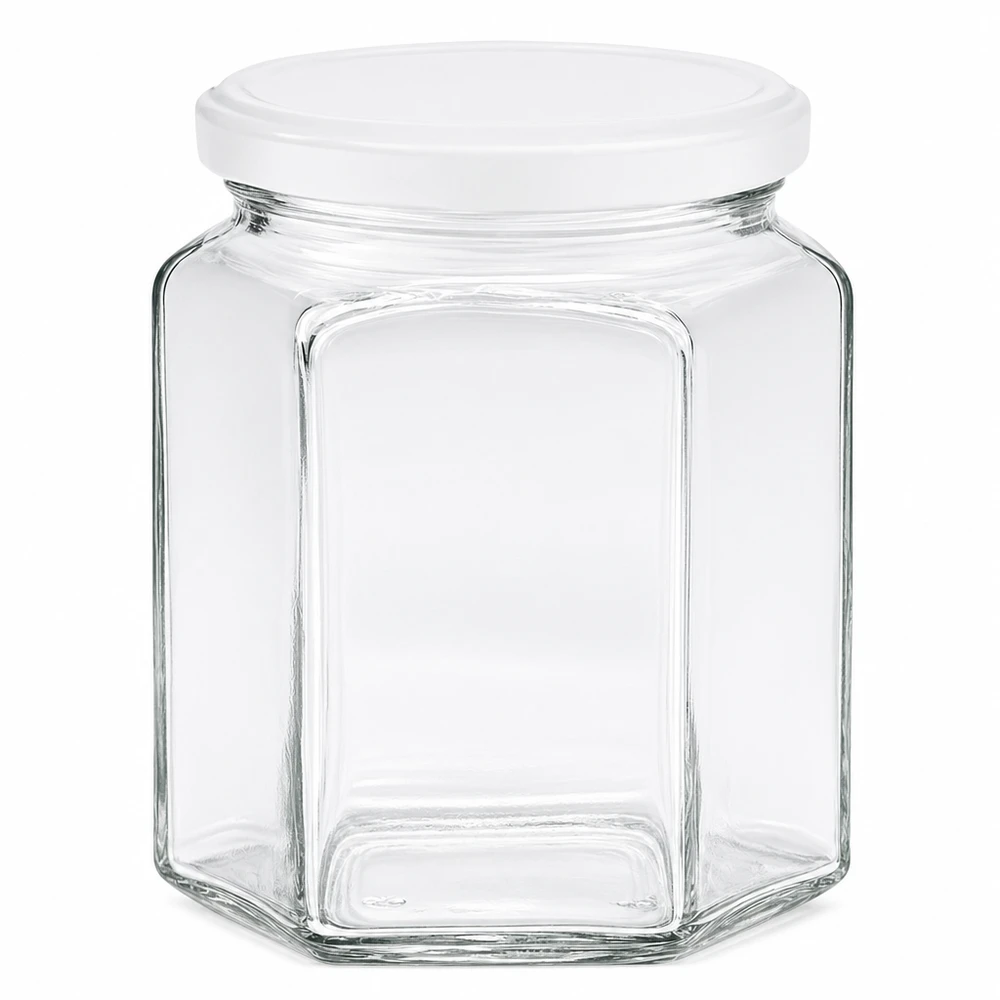 400 g honungsburk med vitt lock BasicSeal UNiTWIST 400 g sexkantig honungsburk med vitt skruvlock av glas för honung och sylt