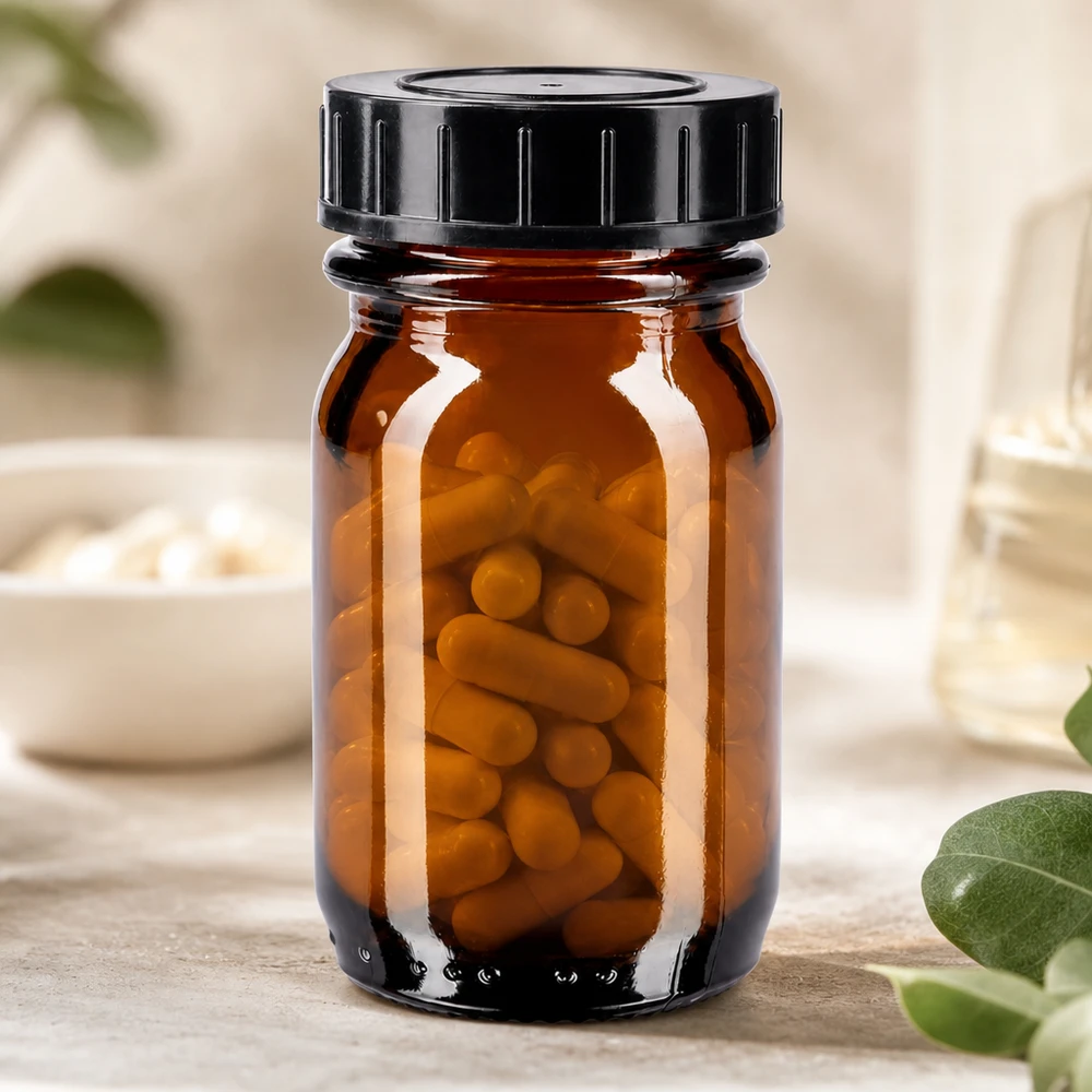 Liten 30 ml bärnstensfärgad glasflaska med bred öppning, perfekt för piller och kosttillskott