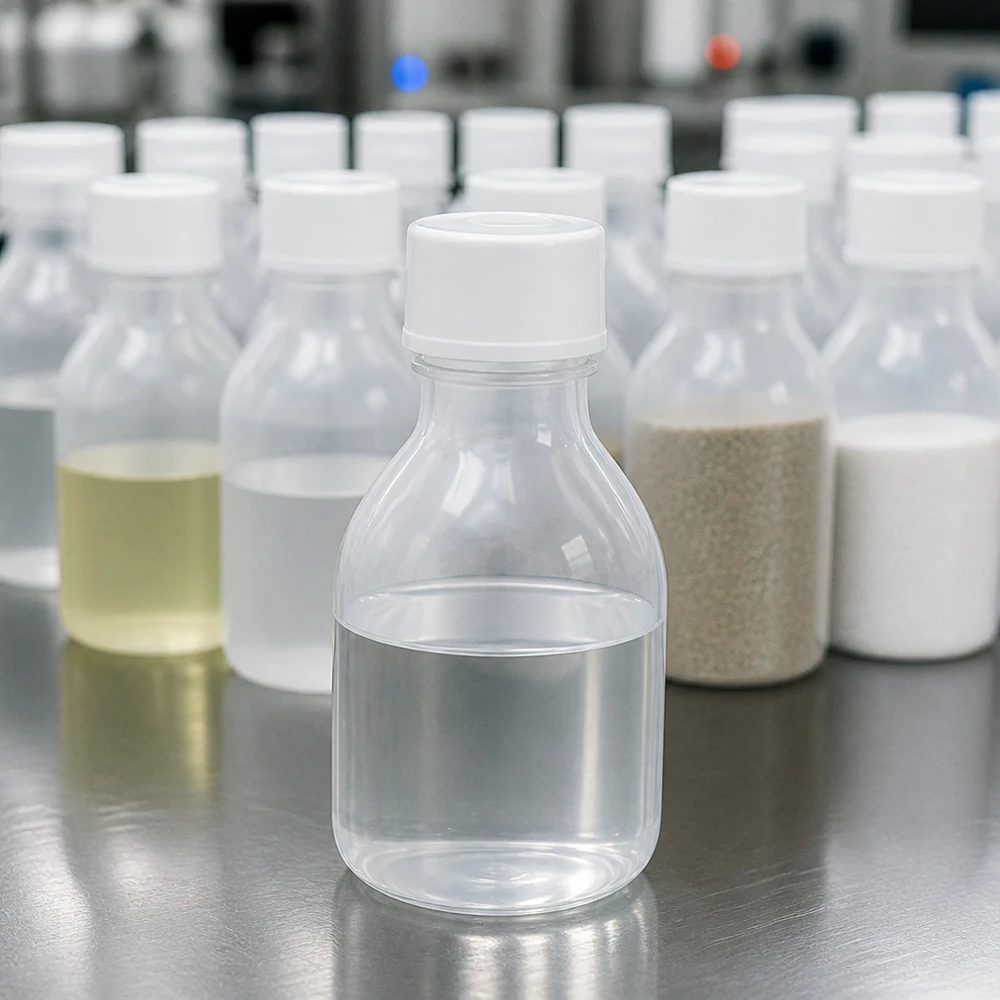 Flera 20 ml skruvflaskor med smal hals av PE, innehållande en klar vätska på en yta av rostfritt stål