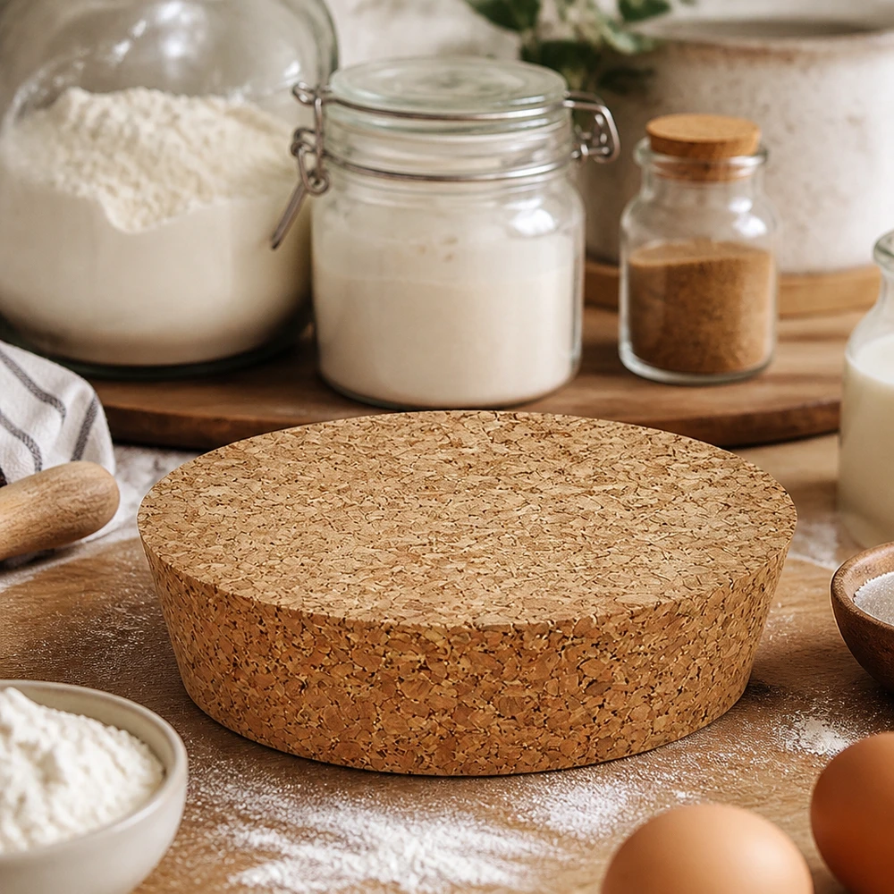 Kork för öppning 75mm WECK RR80 (ø72/82, H=20mm) WECK RR80 korkpropp naturkork rund på bakbänk med mjöl ägg bakning ingredienser rustik köksdekoration naturlig