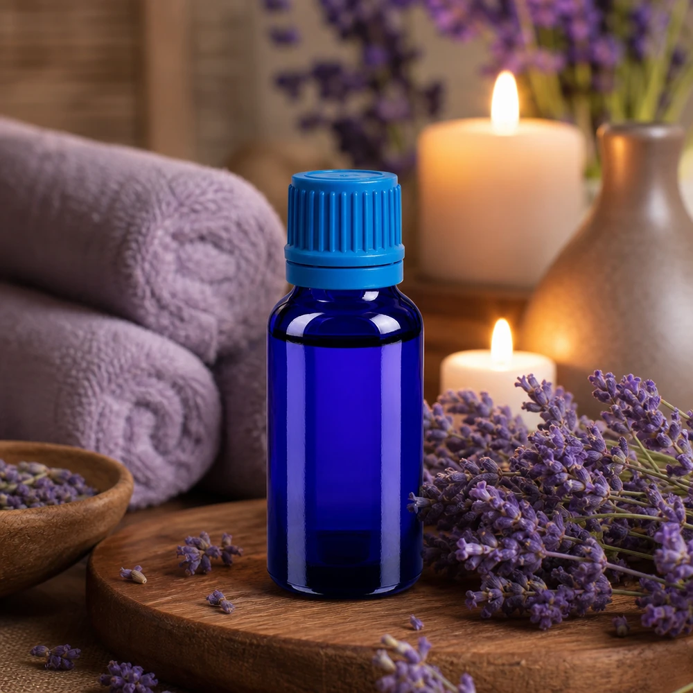 Kompakt 20 ml apoteksflaska i koboltblått med barnsäkert lock för aromaterapi