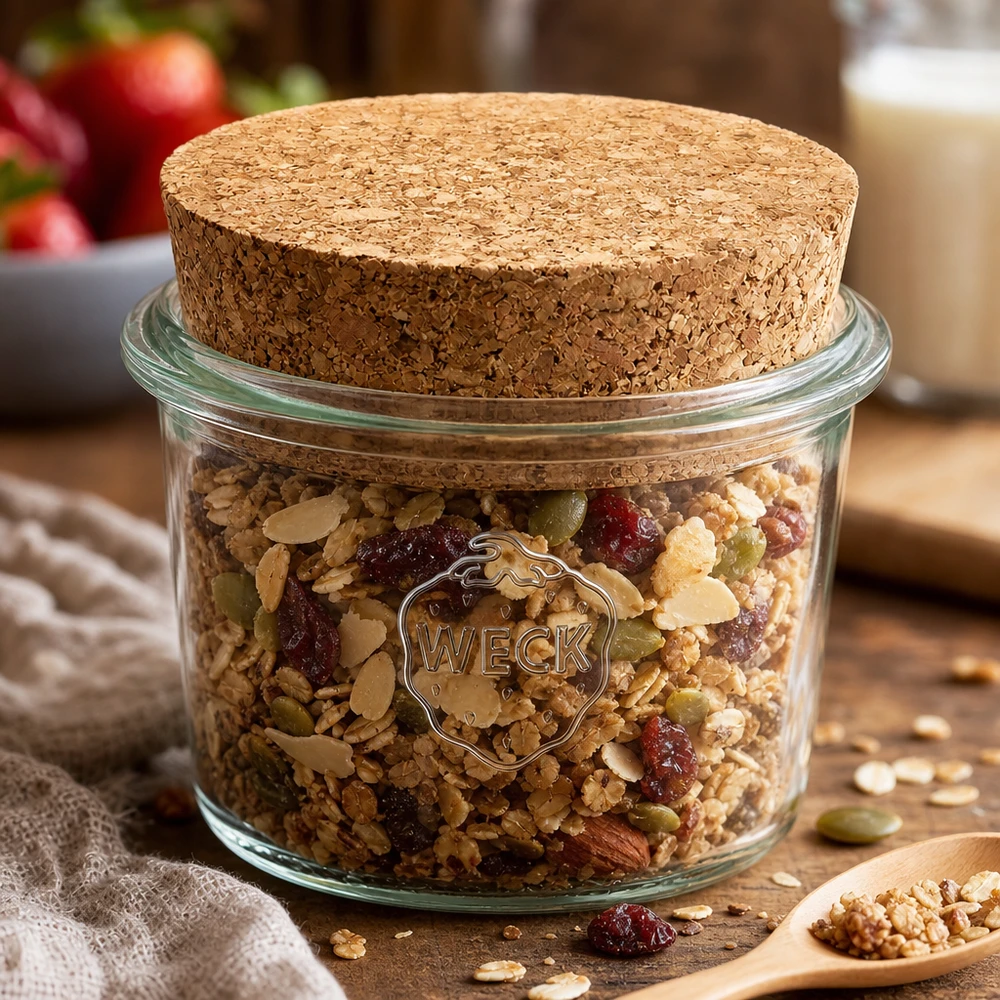 WECK RR40 35 ml murarburk med kork fylld med müsli, nötter och torkad frukt som förvaringsburk i köket