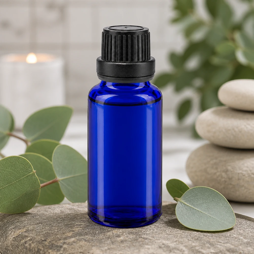 Koboltblå apotekarflaska på 20 ml med svart säkerhetslock och doft av naturlig eukalyptus